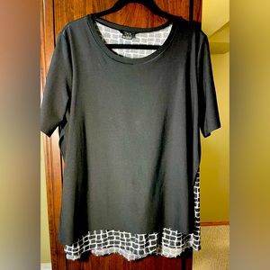 Relaxed tshirt style with a built in layering.  Black with print showing under